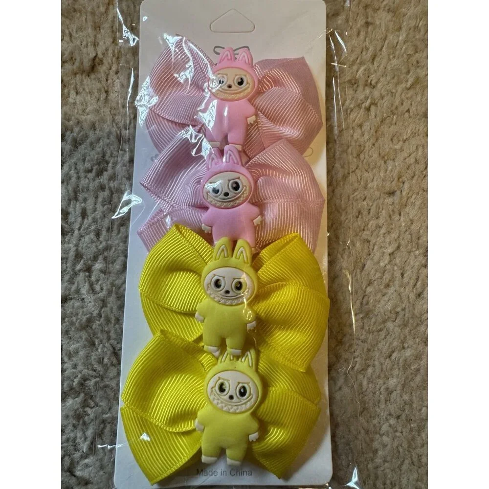 Monster Fashion Colorful Pink Yellow Hair Bow Cute Pink Hair Clip for Girls 4 PC